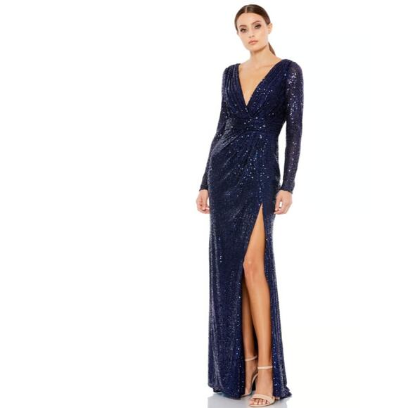 Mac Duggal Sequin Long Sleeve Faux Wrap Gown Dress Midnight Navy Blue Size 12 - Picture 1 of 10